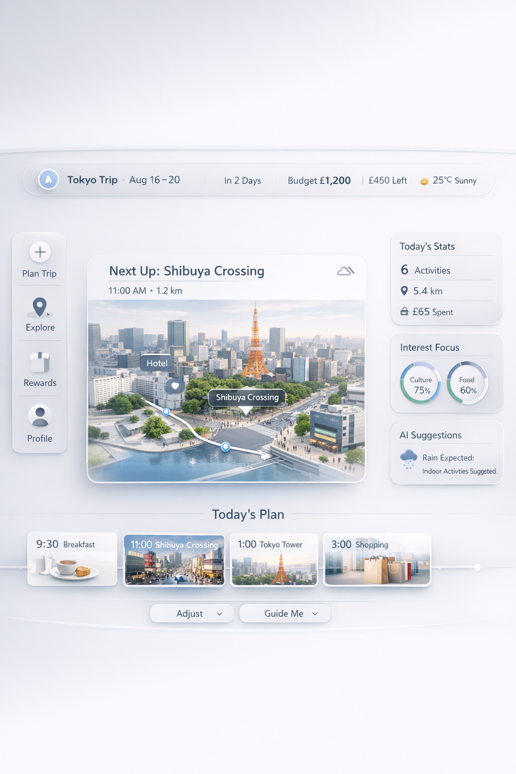 TRIPTOP app preview showing Tokyo trip planner, route map, daily plan, travel stats and AI suggestions